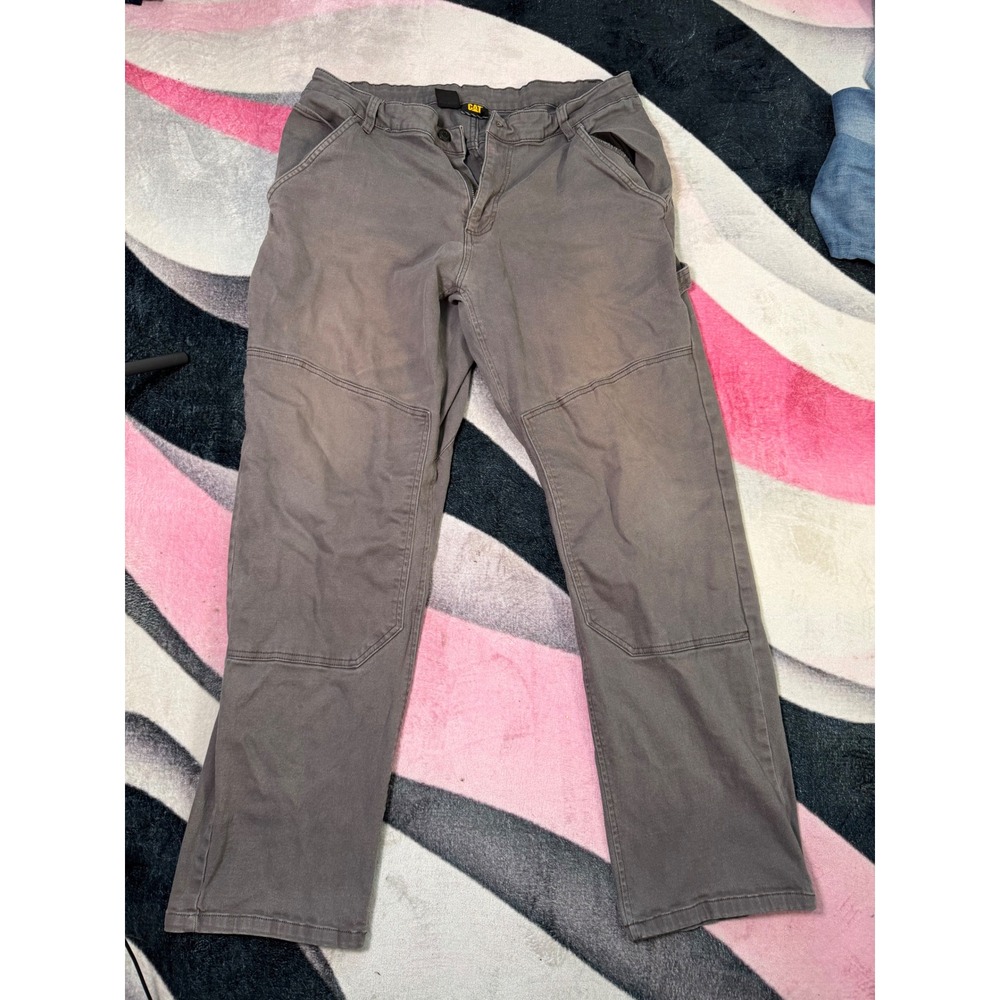 CAT Caterpillar Mens 38x34 Grey Double Knee Work Pants Canvas Carpenter Trousers
